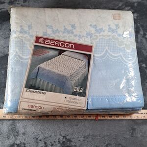 Vintage Beacon Blue Flower  Claudine Blanket Made In USA 72 X 90 Granny Core